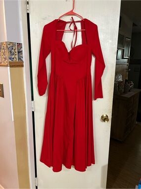 Red Long-Sleeve Fit-and-Flare Dress
